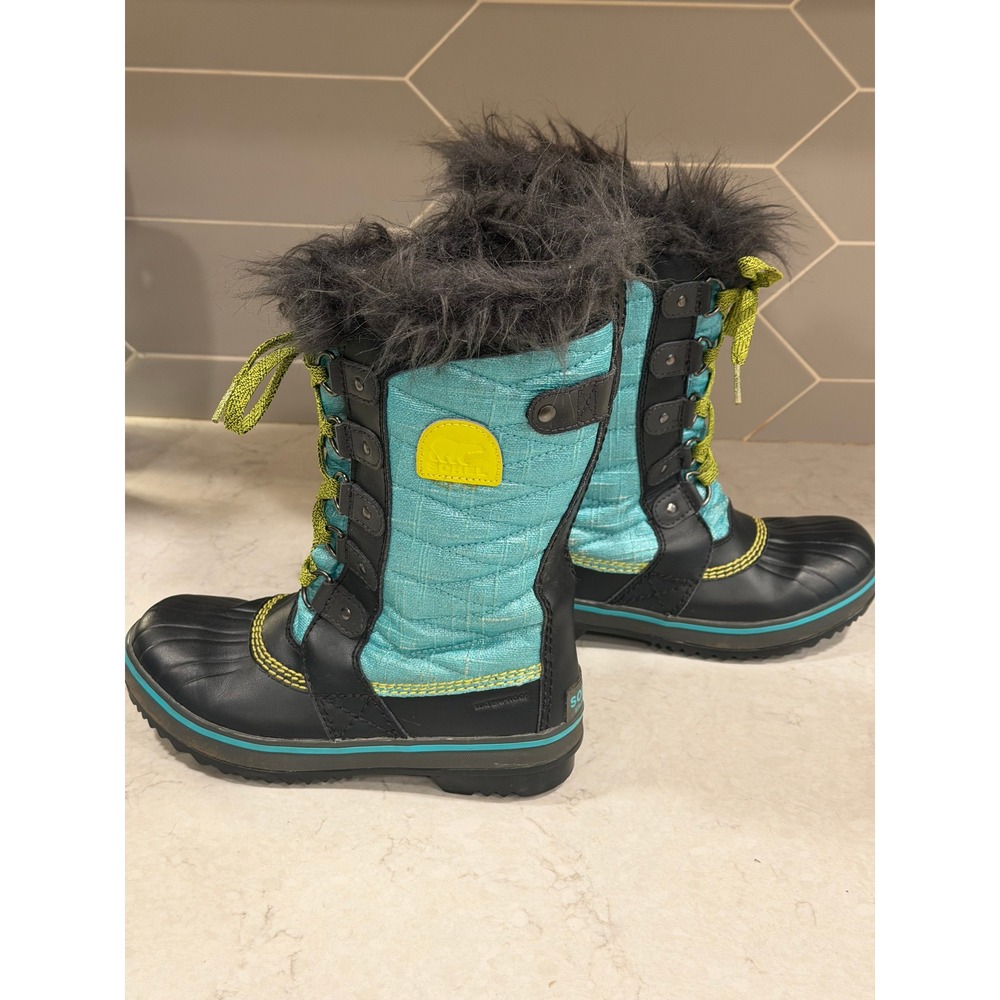 Sorel Tofino II Kids Waterproof Winter Boots Teal Black Faux Fur Size 2